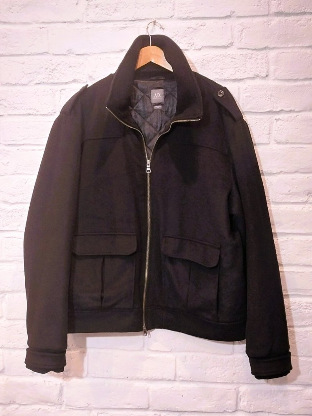 Armani Exchange AX Bomber Jacket Mens 2XL  52" Wool Cashmere Black Coat Full Zip